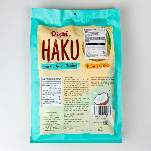 Bánh gạo nướng Oishi Haku vị Dừa sấy giòn 138g, 1 gói 2
