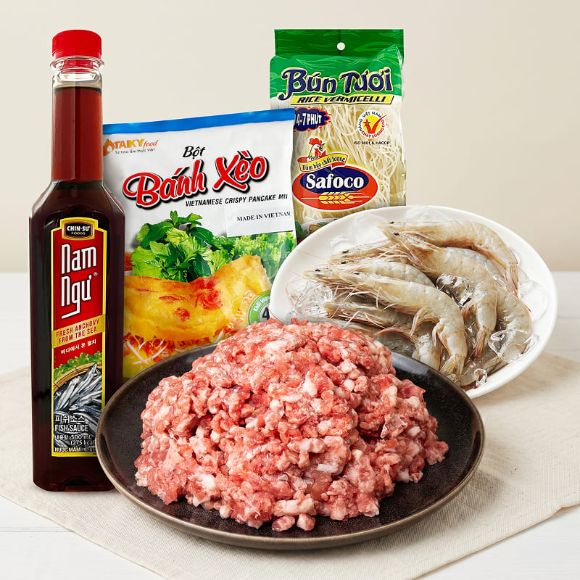 Set Bánh Xèo (1kg thịt heo xay + 500g tôm + bột bánh xèo + nước mắm + bún khô) 1