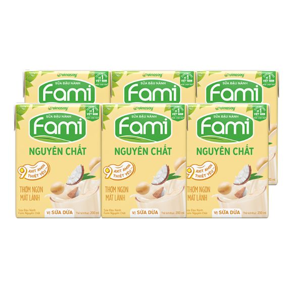 Sữa đậu nành Fami nguyên chất vị Dừa 200ml, 1 lốc 6 hộp 1